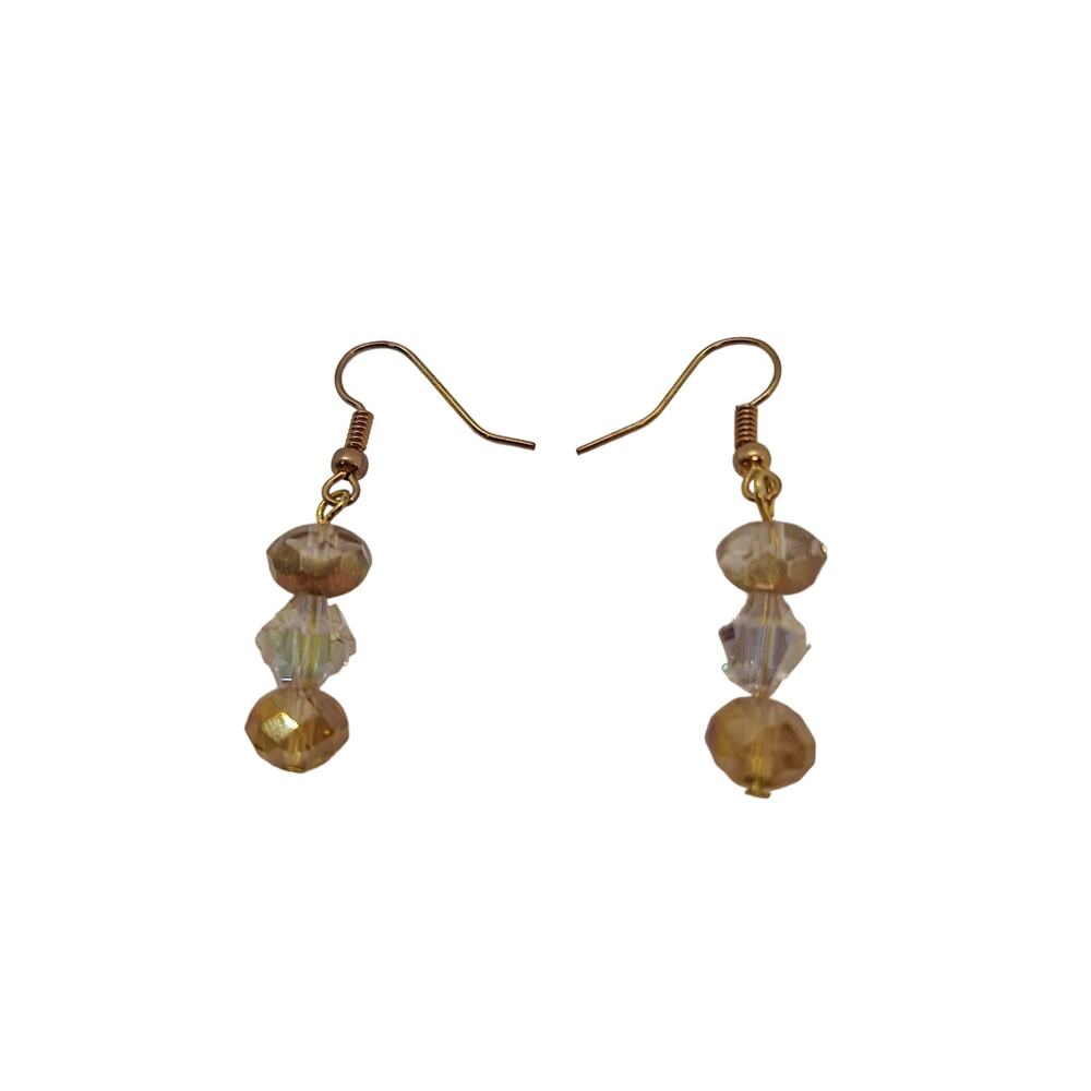 Dangle Crystal Earrings Peach Clear Yellow Gold Tone Fishhook Ear Wires